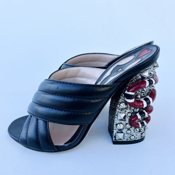 Gucci Authentic Leather Quilted Webby Snake Chunky Heels 36 Black 6 Peep Toe - Picture 6 of 12